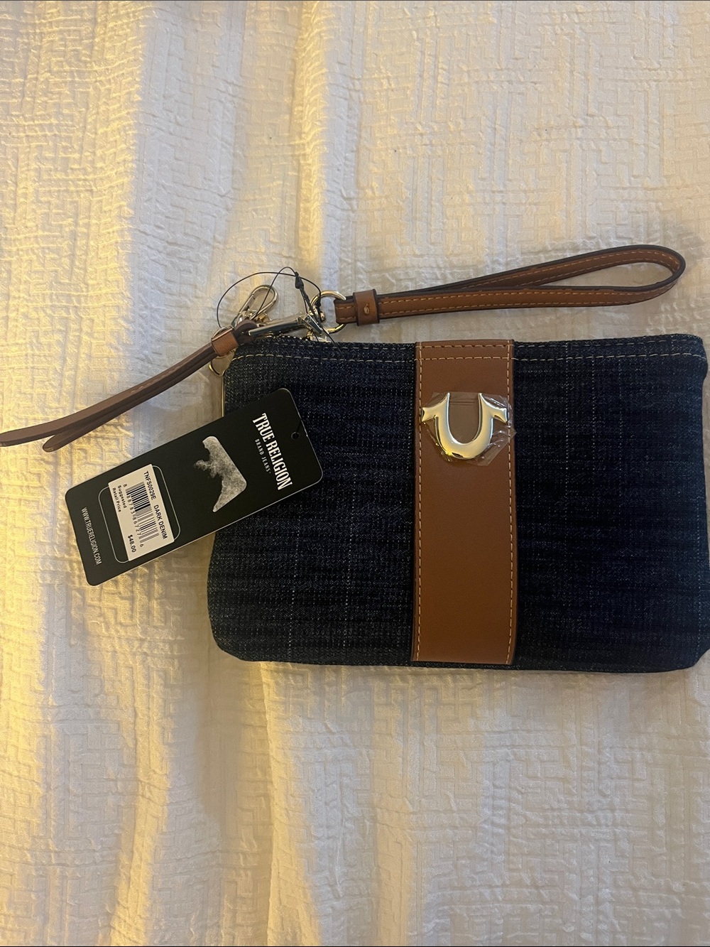 True Religion Dark Blue Denim & Brown Leather Wristlet Clutch